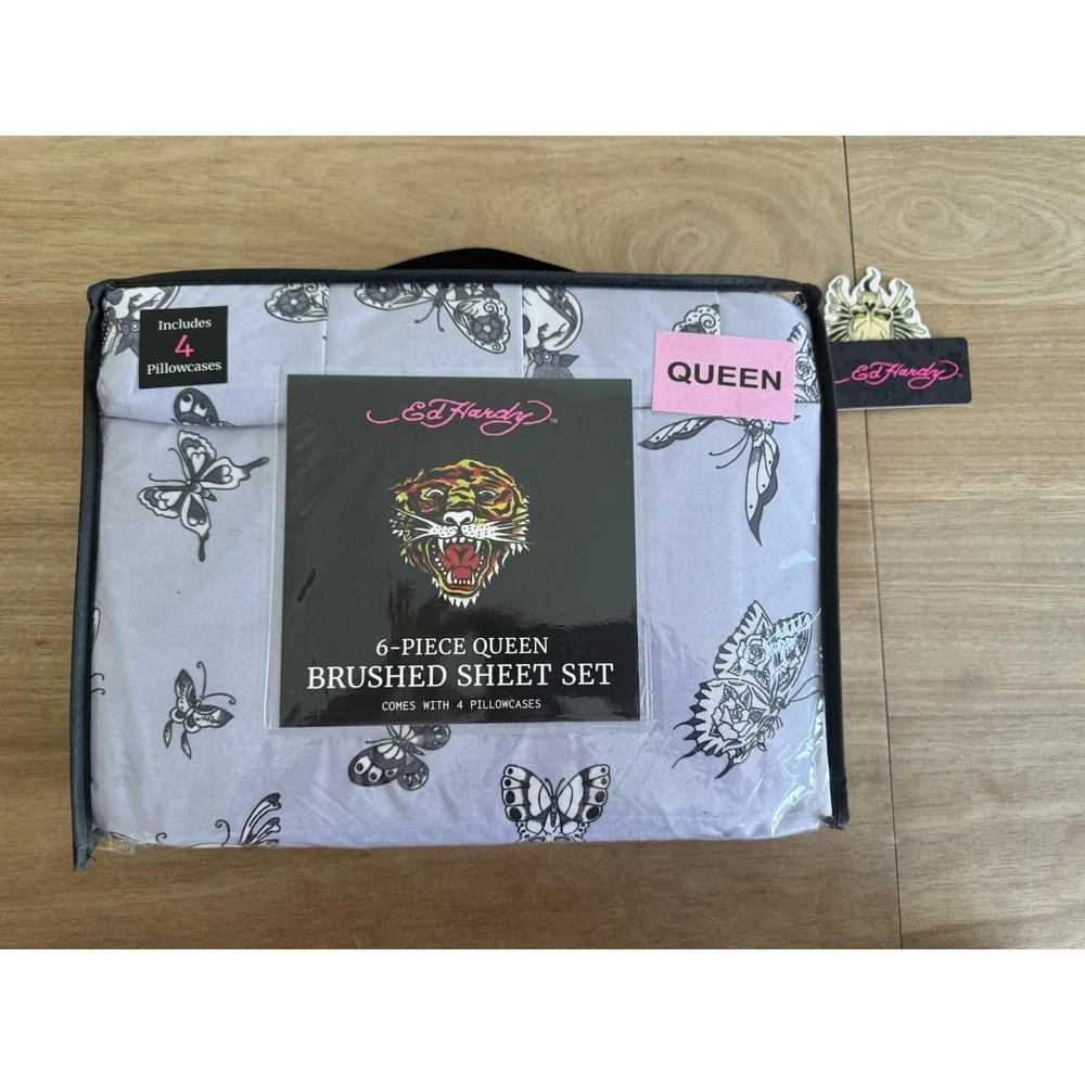 Ed Hardy Queen 6 Piece Double Brushed Sheet Set Lavender Gray Butterfly NWT